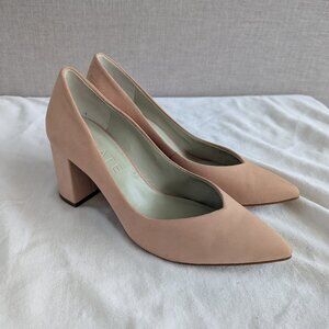 Blush Pink leather block heel pointed toe pump - retro-inspired